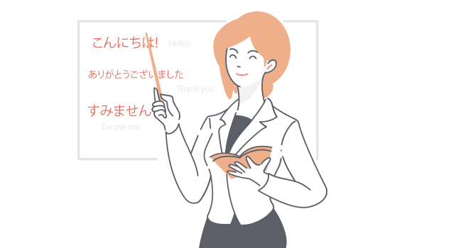Teacher teaching Japanese on blackboard
